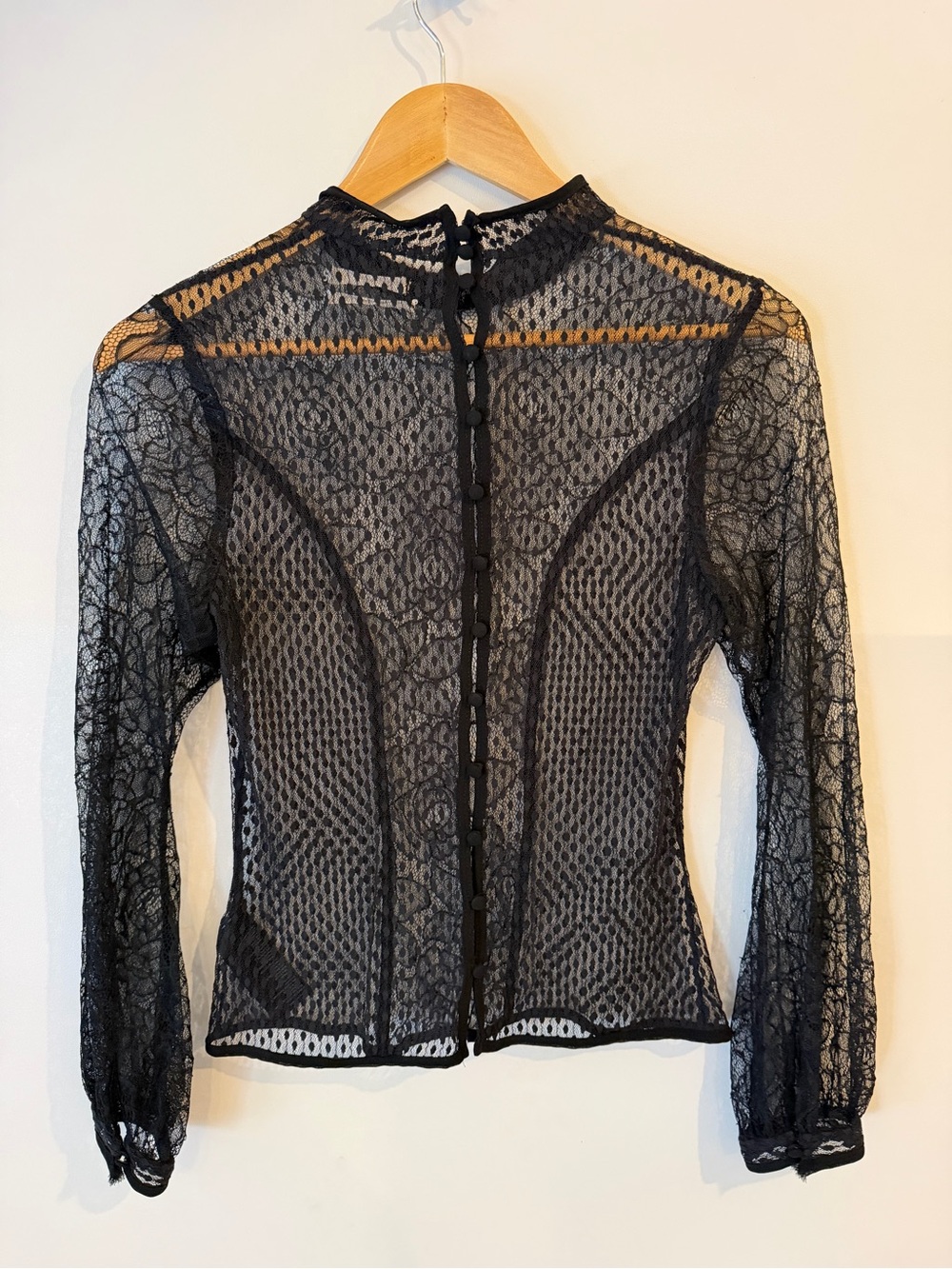 Urban Outfitters Black Sheer Lace Long-Sleeve Button-Back Top Size Medium